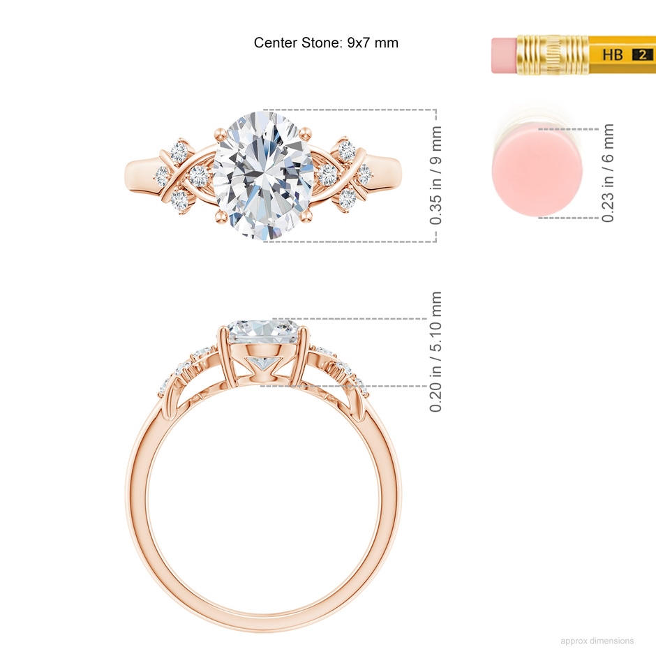 9x7mm GVS2 Solitaire Oval Diamond Criss Cross Ring with Diamonds in Rose Gold ruler
