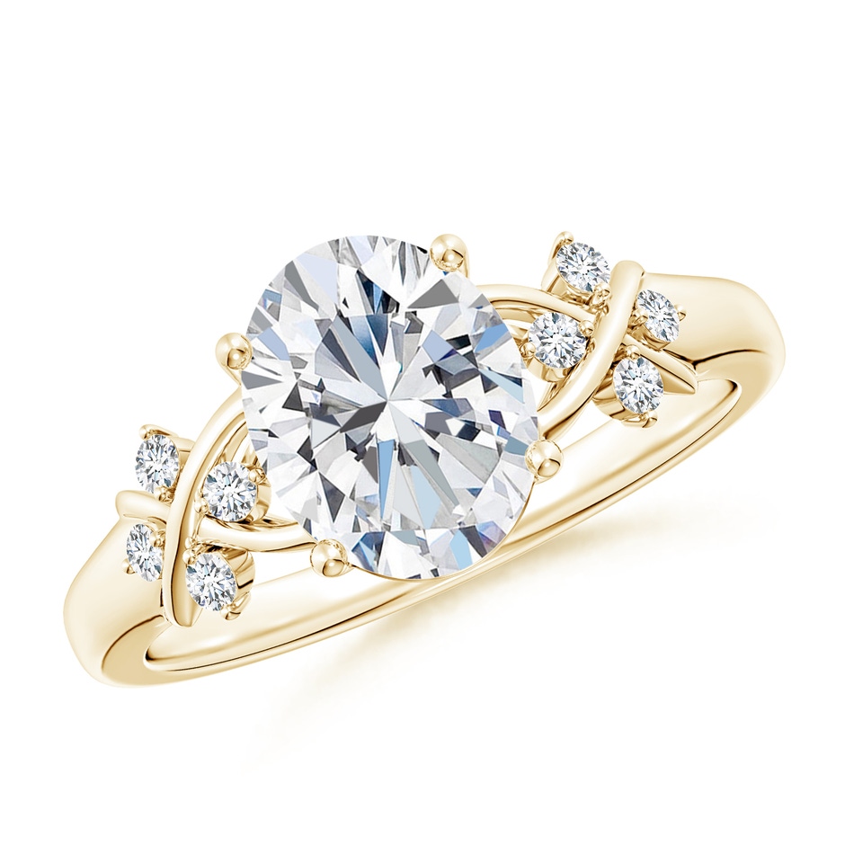 9x7mm GVS2 Solitaire Oval Diamond Criss Cross Ring with Diamonds in Yellow Gold 