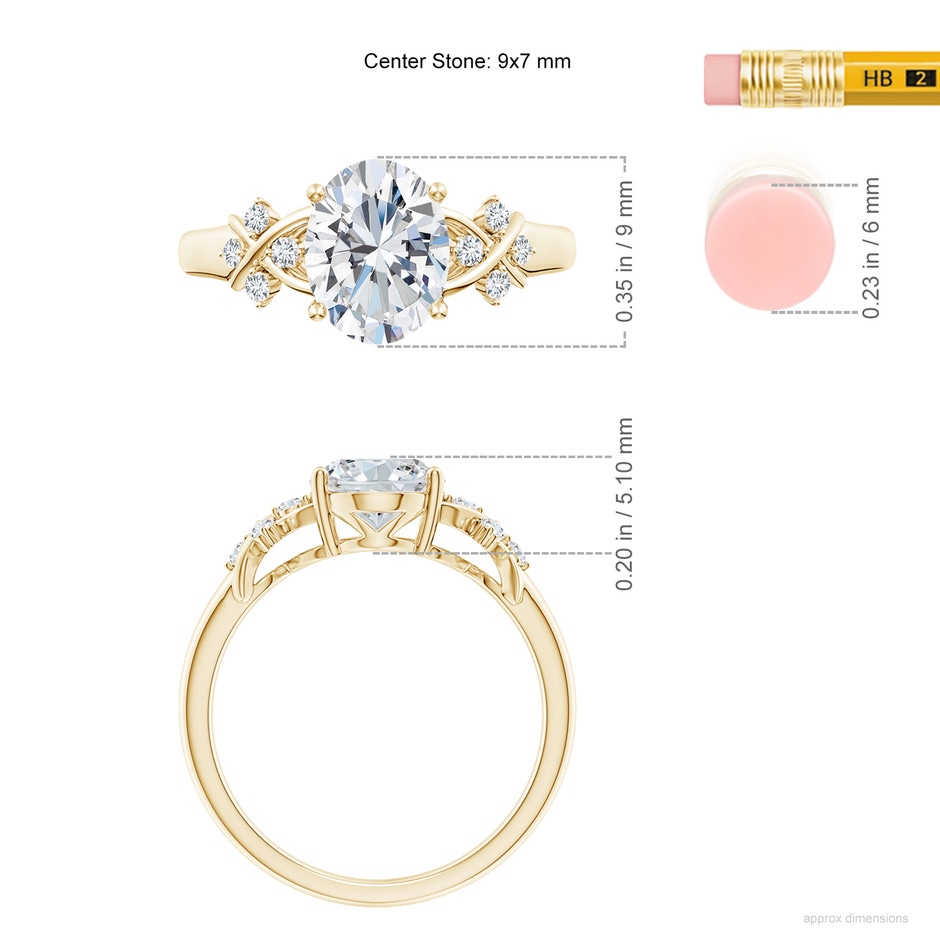 9x7mm GVS2 Solitaire Oval Diamond Criss Cross Ring with Diamonds in Yellow Gold ruler