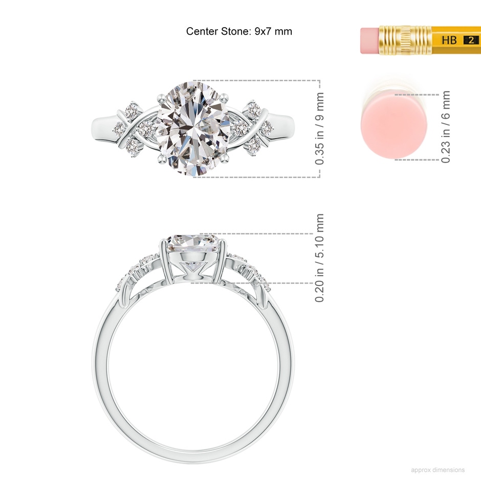 9x7mm IJI1I2 Solitaire Oval Diamond Criss Cross Ring with Diamonds in P950 Platinum ruler