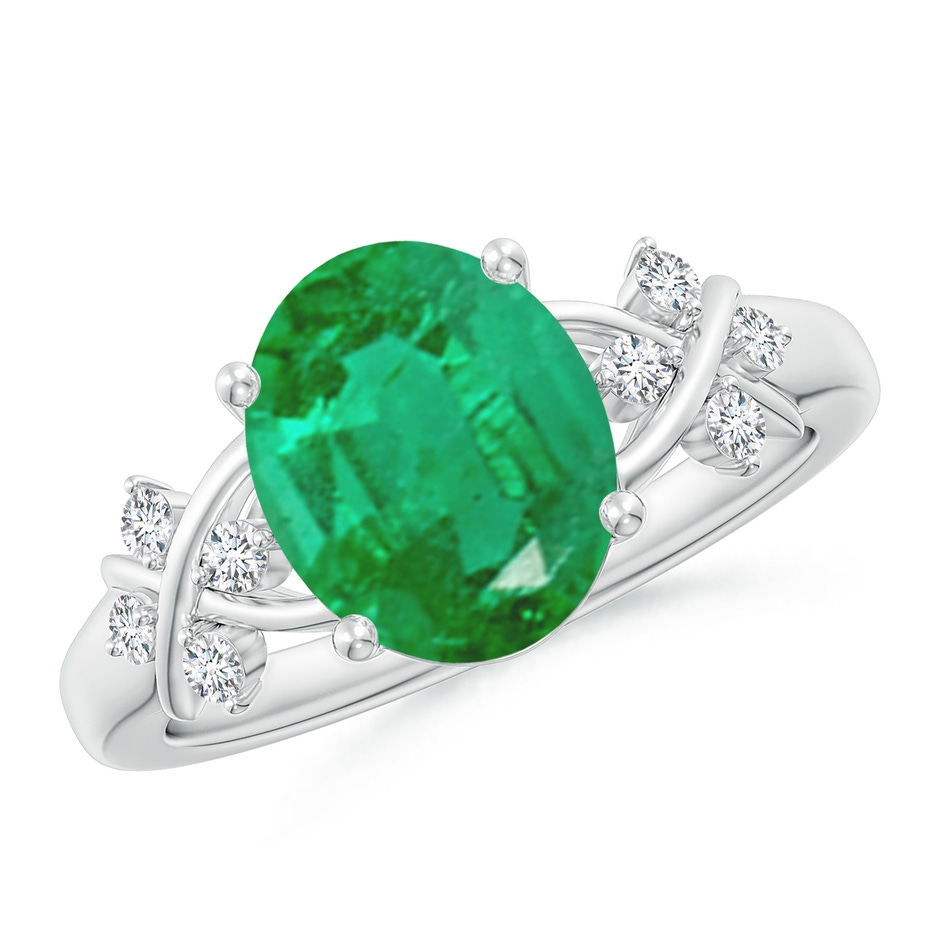 10x8mm AA Solitaire Oval Emerald Criss Cross Ring with Diamonds in P950 Platinum 