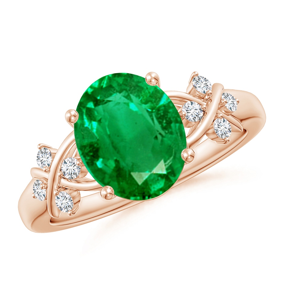 10x8mm AAA Solitaire Oval Emerald Criss Cross Ring with Diamonds in Rose Gold 