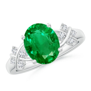 10x8mm AAA Solitaire Oval Emerald Criss Cross Ring with Diamonds in White Gold