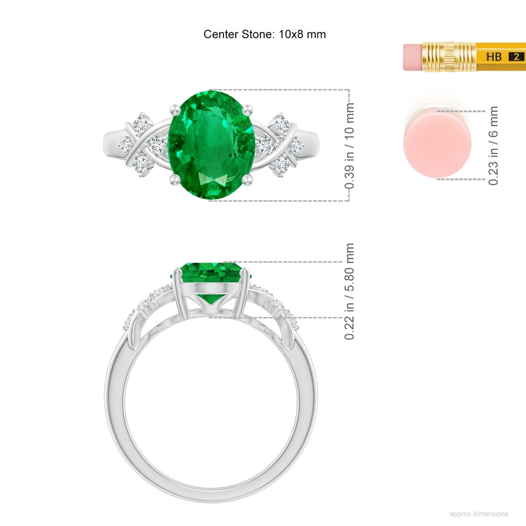 10x8mm AAA Solitaire Oval Emerald Criss Cross Ring with Diamonds in White Gold ruler