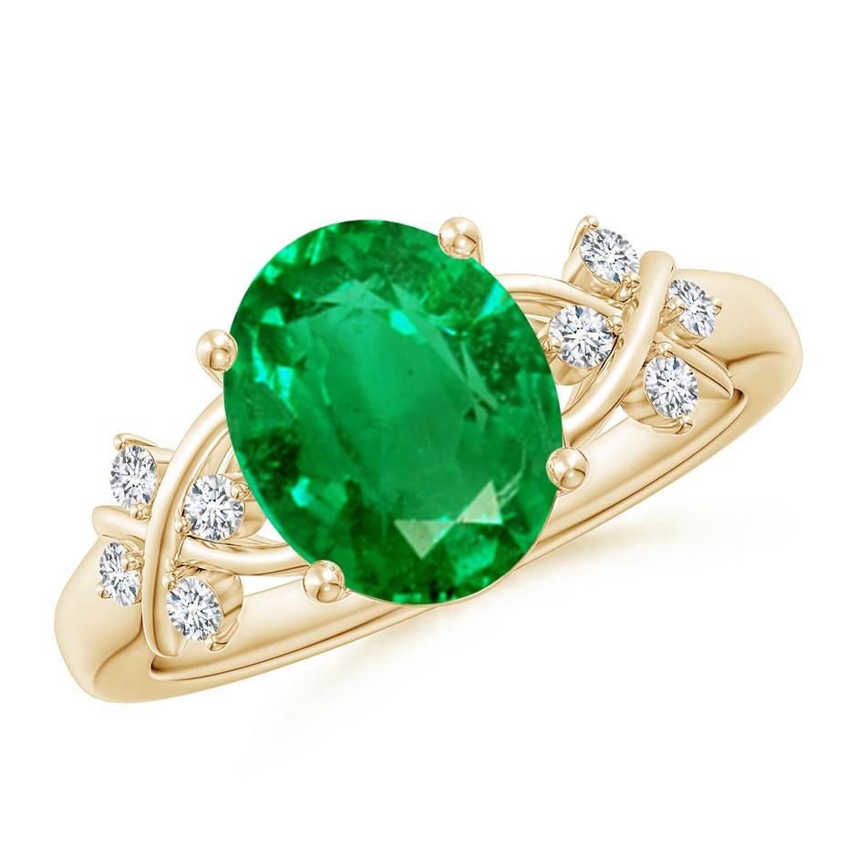 10x8mm AAA Solitaire Oval Emerald Criss Cross Ring with Diamonds in Yellow Gold 