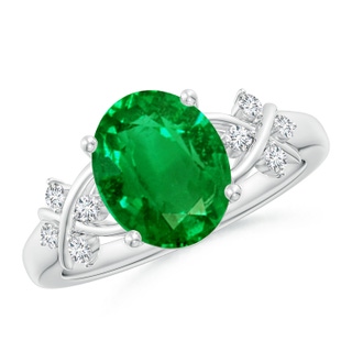 10x8mm AAAA Solitaire Oval Emerald Criss Cross Ring with Diamonds in P950 Platinum