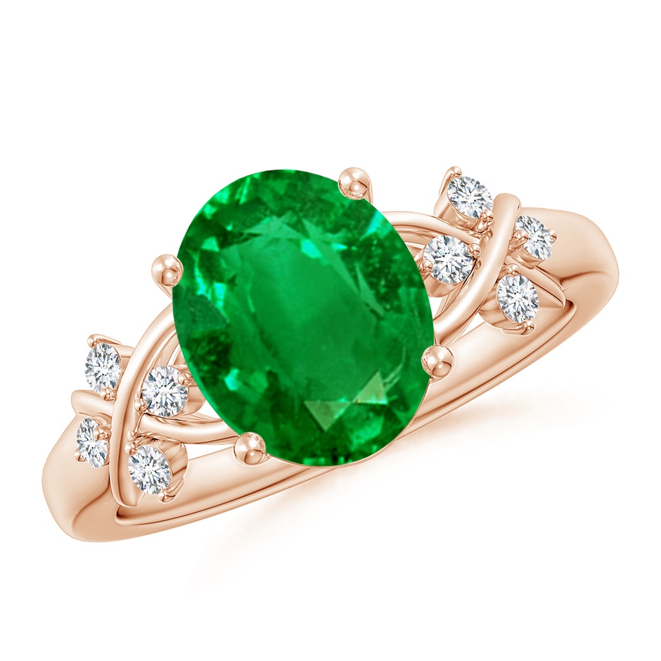10x8mm AAAA Solitaire Oval Emerald Criss Cross Ring with Diamonds in Rose Gold 