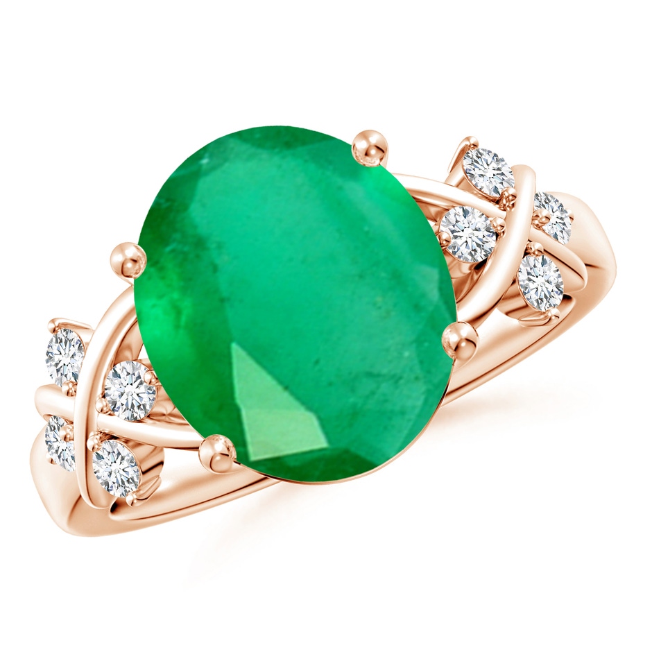 12x10mm A Solitaire Oval Emerald Criss Cross Ring with Diamonds in Rose Gold 