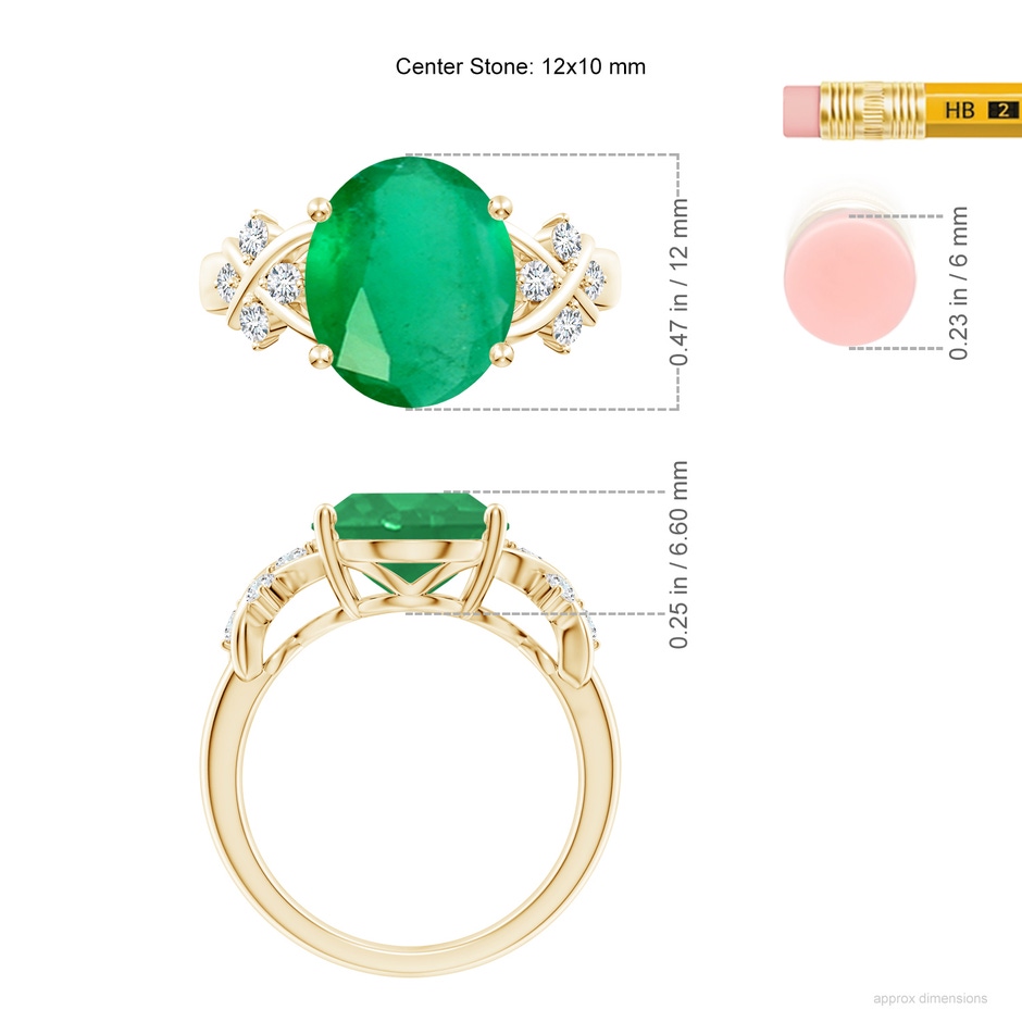 12x10mm A Solitaire Oval Emerald Criss Cross Ring with Diamonds in Yellow Gold ruler