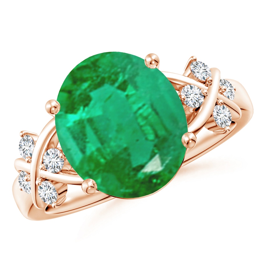12x10mm AA Solitaire Oval Emerald Criss Cross Ring with Diamonds in Rose Gold 