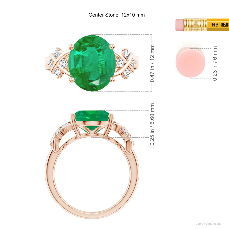 12x10mm AA Solitaire Oval Emerald Criss Cross Ring with Diamonds in Rose Gold ruler