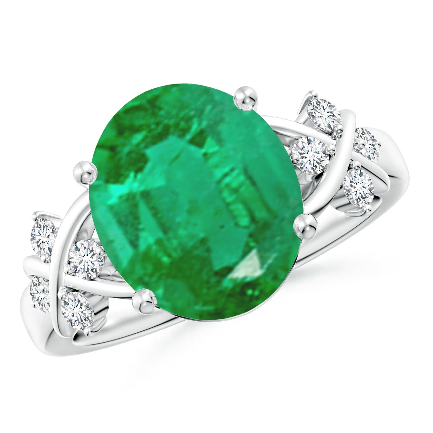 12x10mm AA Solitaire Oval Emerald Criss Cross Ring with Diamonds in White Gold