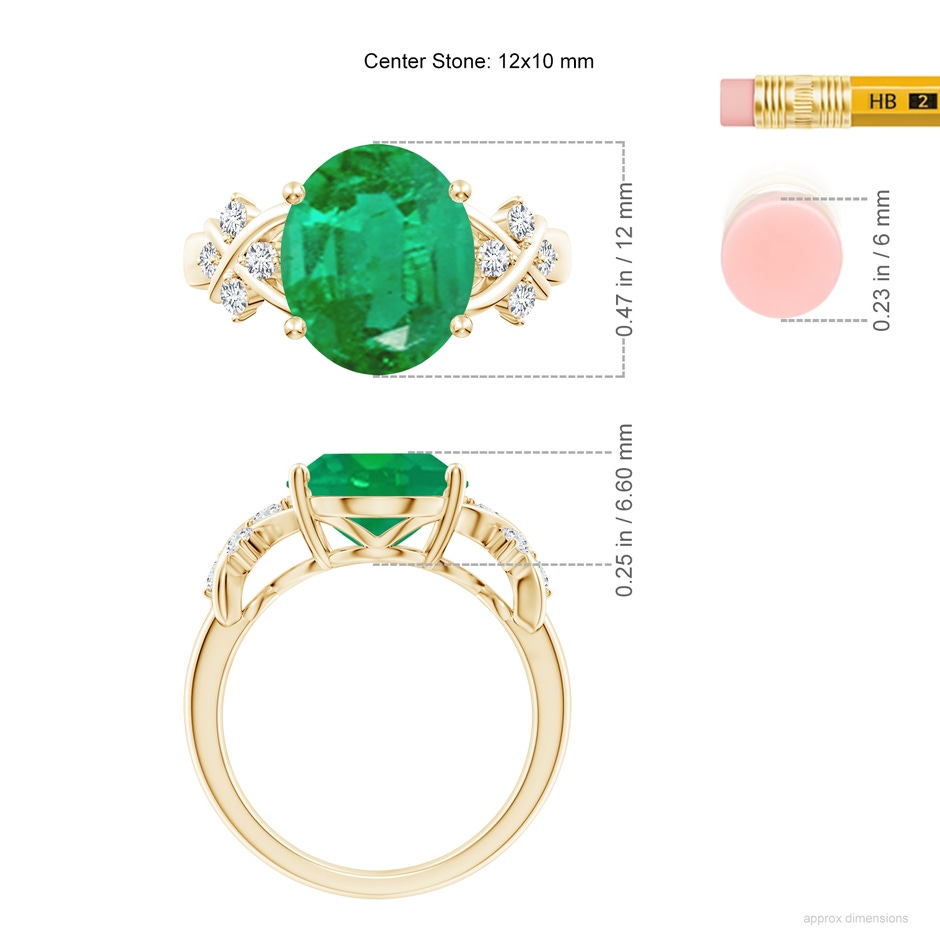 12x10mm AA Solitaire Oval Emerald Criss Cross Ring with Diamonds in Yellow Gold ruler