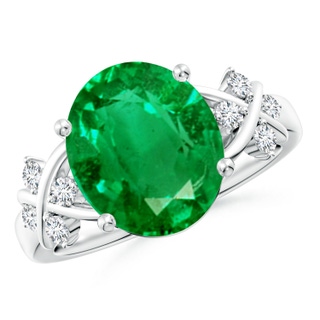 12x10mm AAA Solitaire Oval Emerald Criss Cross Ring with Diamonds in P950 Platinum