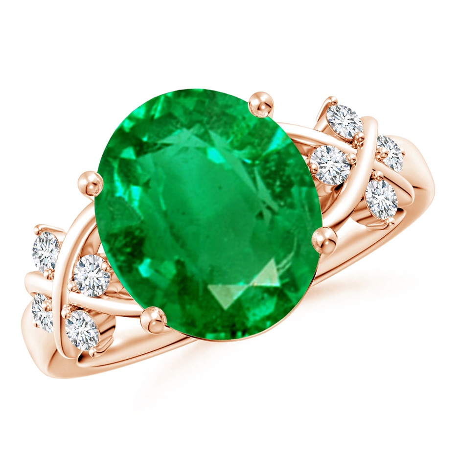 12x10mm AAA Solitaire Oval Emerald Criss Cross Ring with Diamonds in Rose Gold 