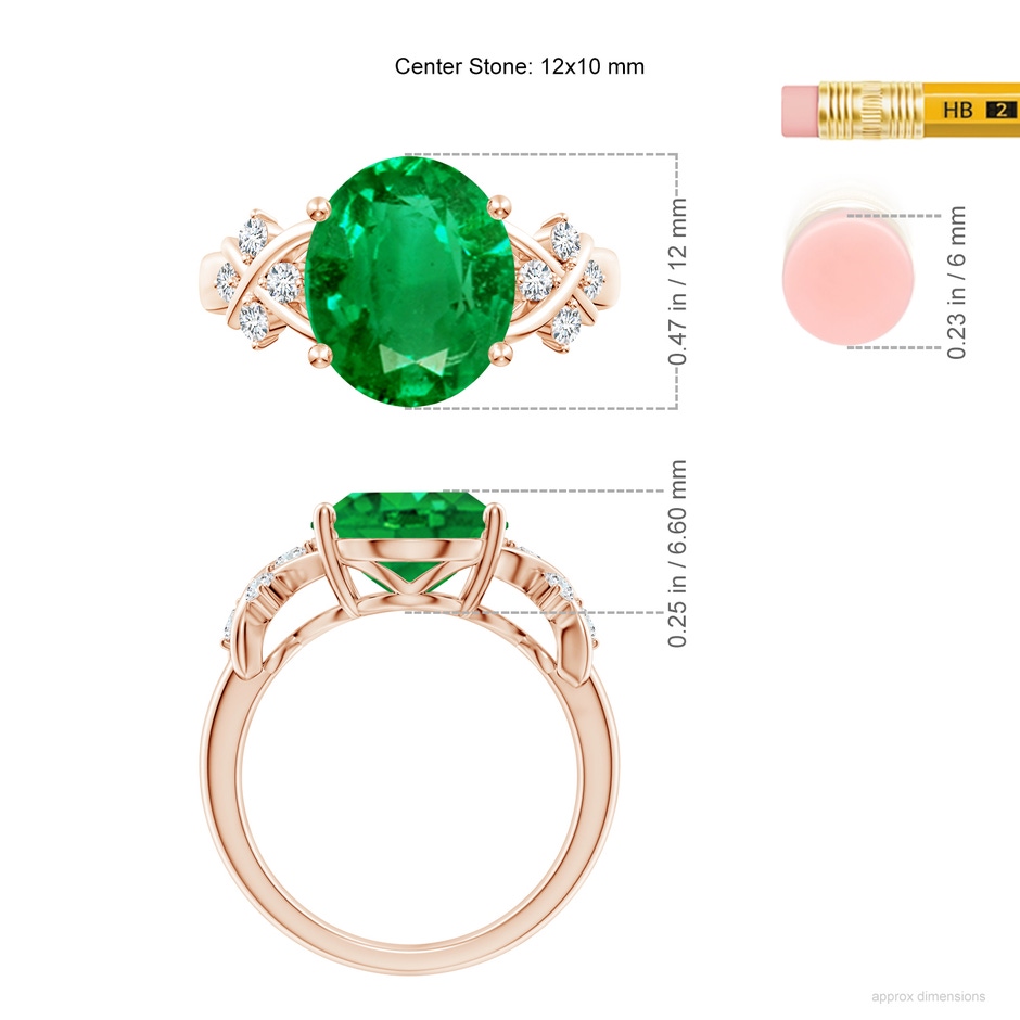 12x10mm AAA Solitaire Oval Emerald Criss Cross Ring with Diamonds in Rose Gold ruler