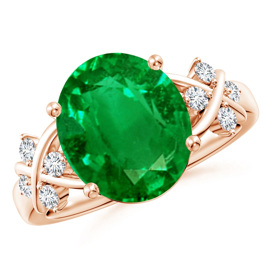 12x10mm AAAA Solitaire Oval Emerald Criss Cross Ring with Diamonds in Rose Gold 