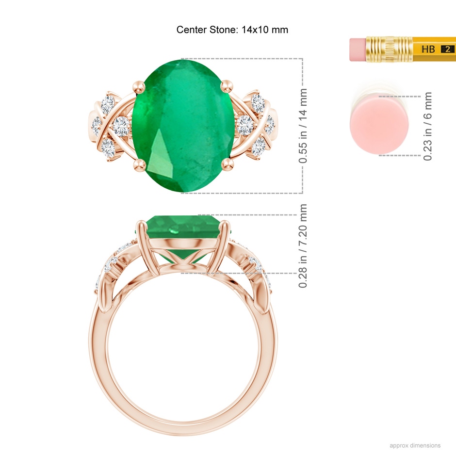 14x10mm A Solitaire Oval Emerald Criss Cross Ring with Diamonds in Rose Gold ruler