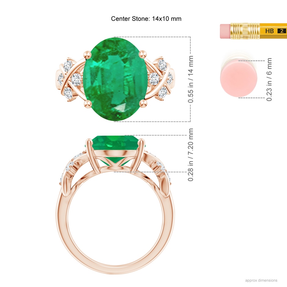 14x10mm AA Solitaire Oval Emerald Criss Cross Ring with Diamonds in Rose Gold ruler