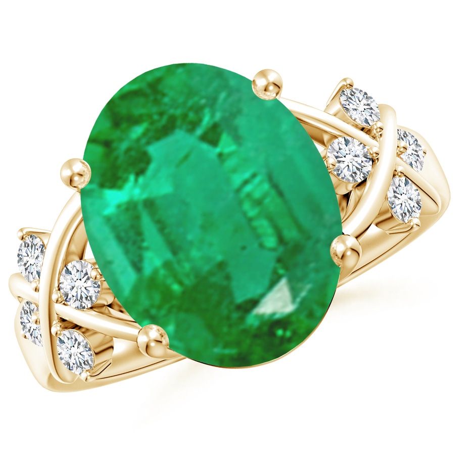 14x10mm AA Solitaire Oval Emerald Criss Cross Ring with Diamonds in Yellow Gold 