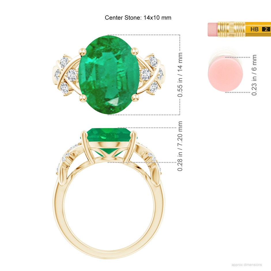 14x10mm AA Solitaire Oval Emerald Criss Cross Ring with Diamonds in Yellow Gold ruler