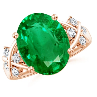 14x10mm AAA Solitaire Oval Emerald Criss Cross Ring with Diamonds in 9K Rose Gold