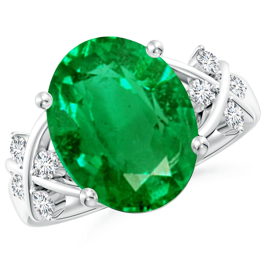 14x10mm AAA Solitaire Oval Emerald Criss Cross Ring with Diamonds in White Gold 