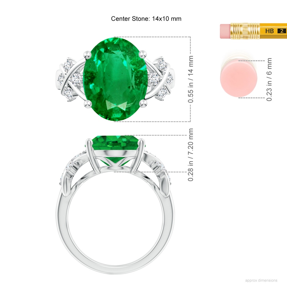 14x10mm AAA Solitaire Oval Emerald Criss Cross Ring with Diamonds in White Gold ruler