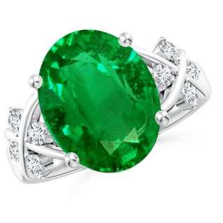 14x10mm AAAA Solitaire Oval Emerald Criss Cross Ring with Diamonds in P950 Platinum