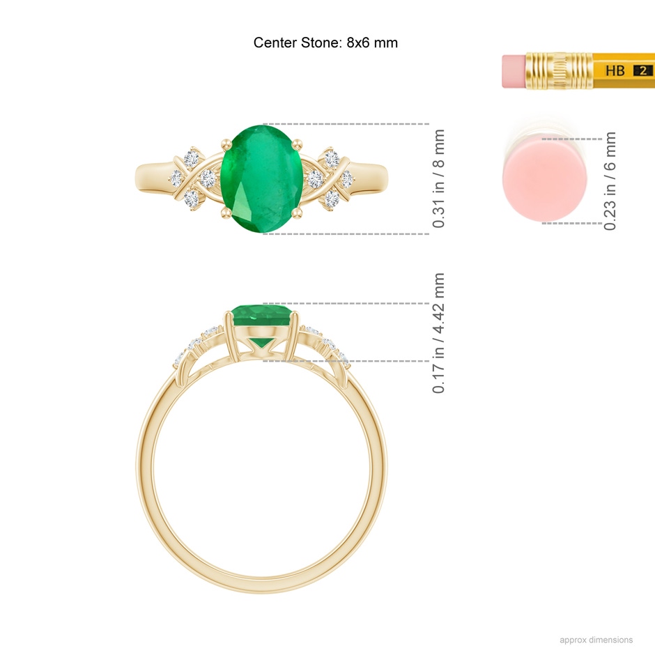 8x6mm A Solitaire Oval Emerald Criss Cross Ring with Diamonds in Yellow Gold ruler