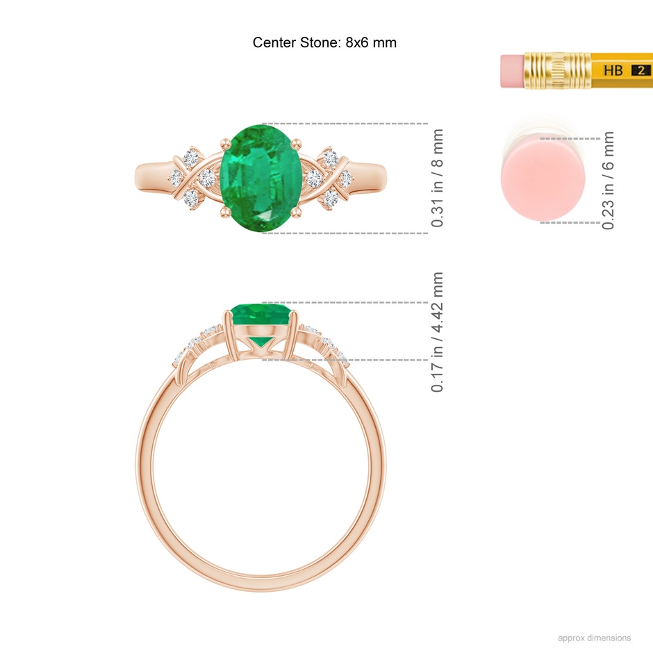 8x6mm AA Solitaire Oval Emerald Criss Cross Ring with Diamonds in Rose Gold ruler