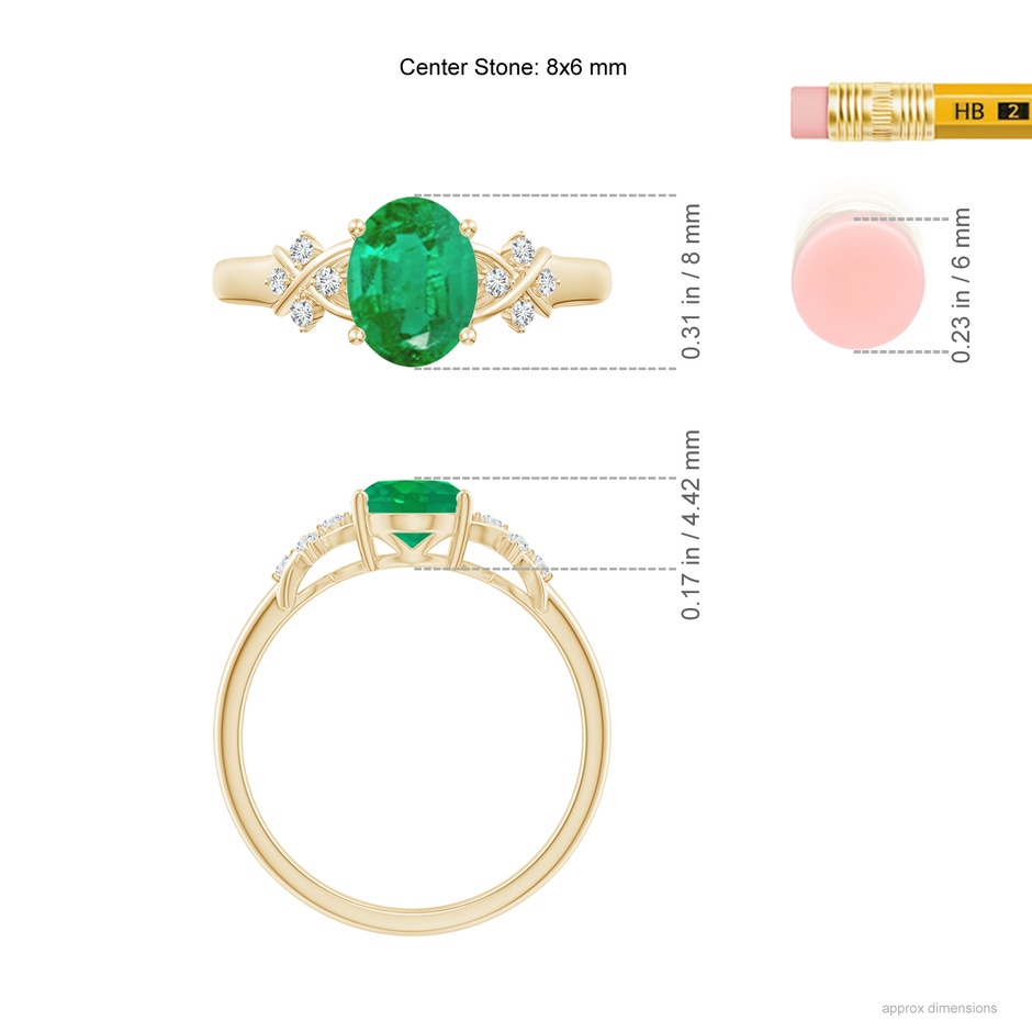 8x6mm AA Solitaire Oval Emerald Criss Cross Ring with Diamonds in Yellow Gold ruler