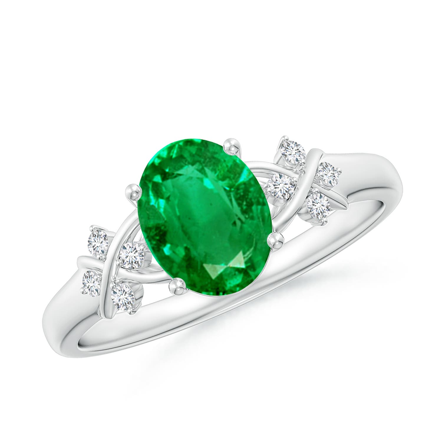 Solitaire Oval Emerald Criss Cross Ring with Diamonds