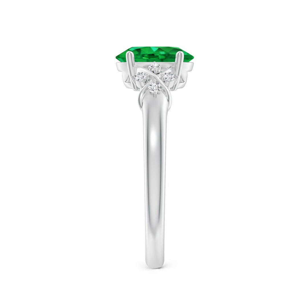 8x6mm AAA Solitaire Oval Emerald Criss Cross Ring with Diamonds in White Gold - side 3