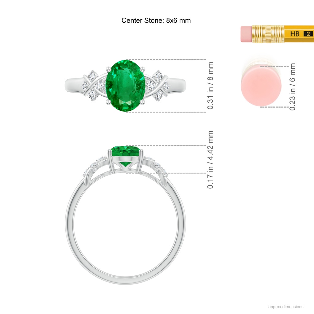 8x6mm AAA Solitaire Oval Emerald Criss Cross Ring with Diamonds in White Gold ruler