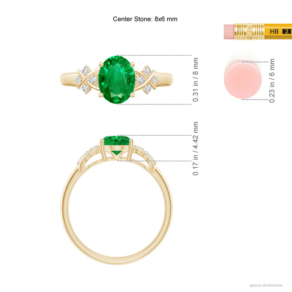 8x6mm AAA Solitaire Oval Emerald Criss Cross Ring with Diamonds in Yellow Gold ruler