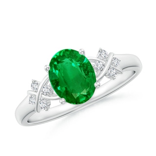 8x6mm AAAA Solitaire Oval Emerald Criss Cross Ring with Diamonds in P950 Platinum