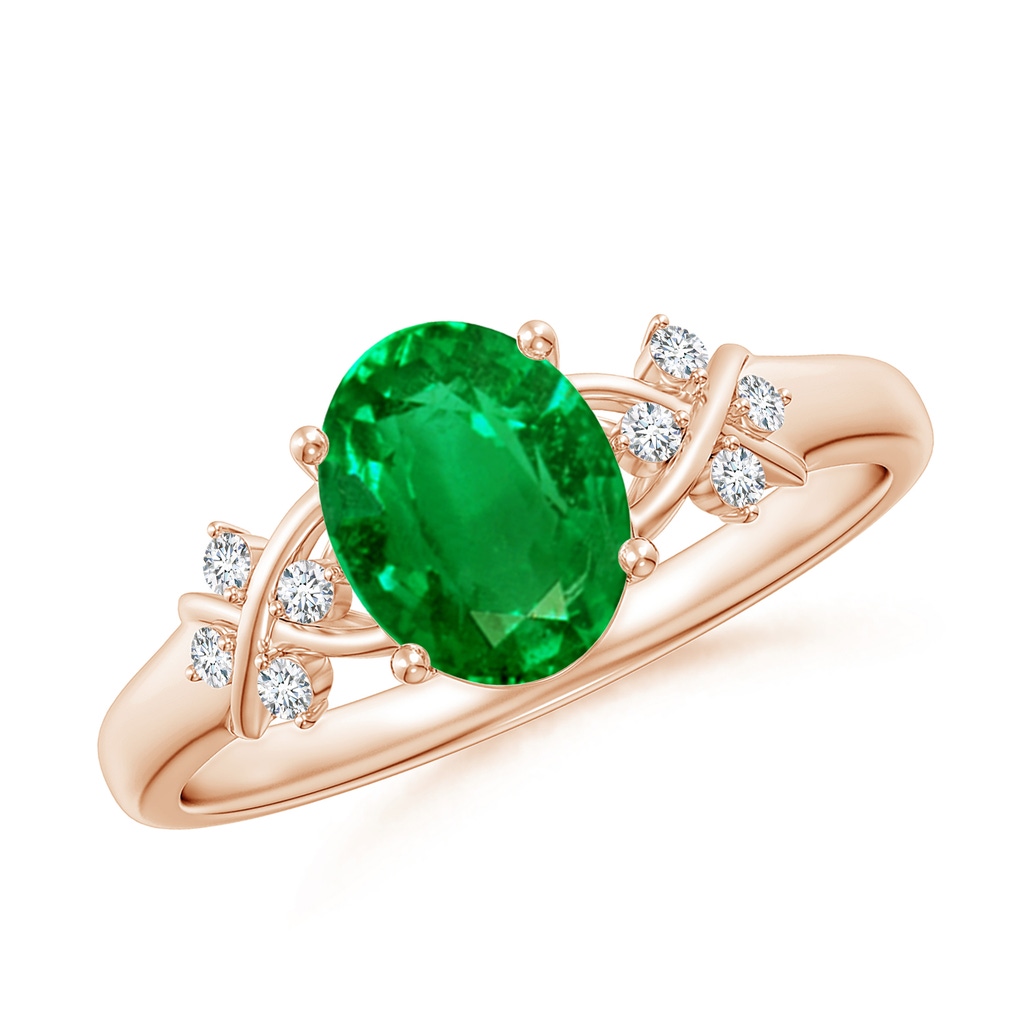 8x6mm AAAA Solitaire Oval Emerald Criss Cross Ring with Diamonds in Rose Gold