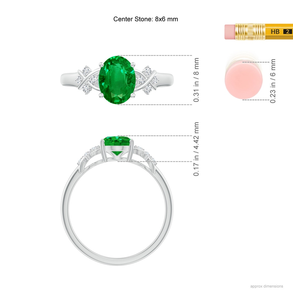 8x6mm AAAA Solitaire Oval Emerald Criss Cross Ring with Diamonds in White Gold ruler