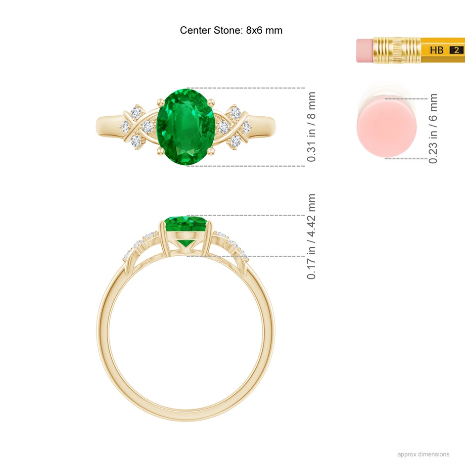8x6mm AAAA Solitaire Oval Emerald Criss Cross Ring with Diamonds in Yellow Gold ruler