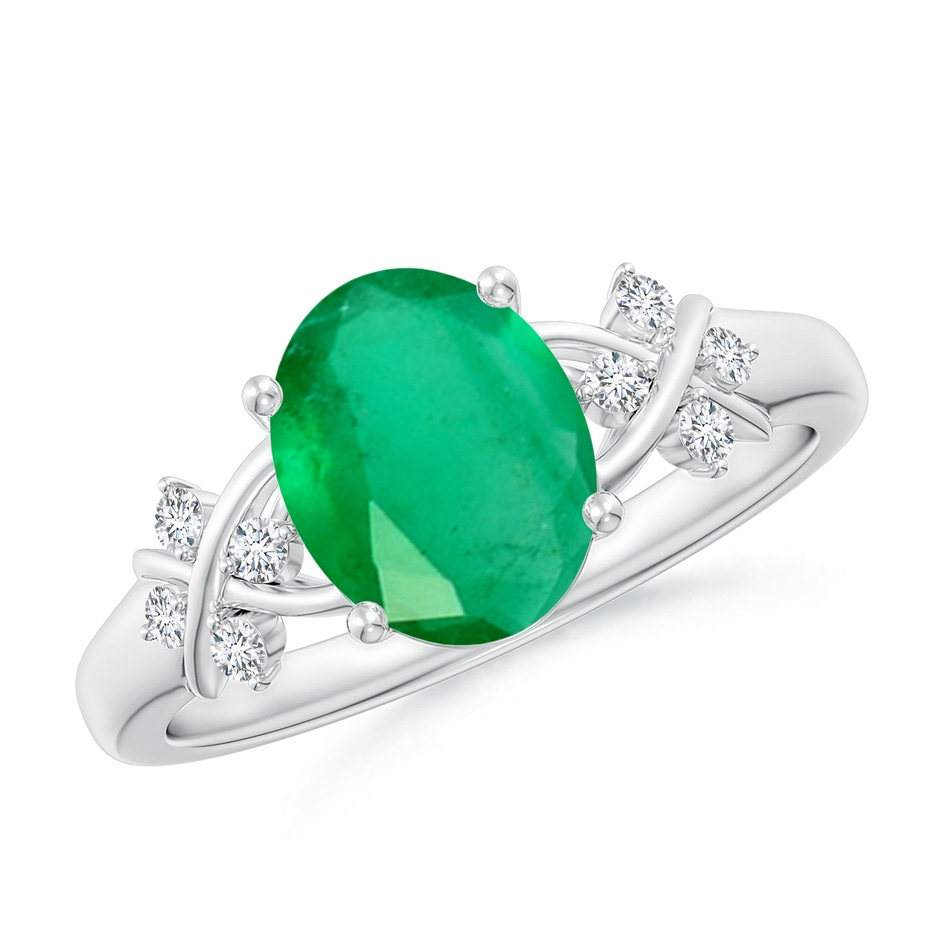 9x7mm A Solitaire Oval Emerald Criss Cross Ring with Diamonds in P950 Platinum 