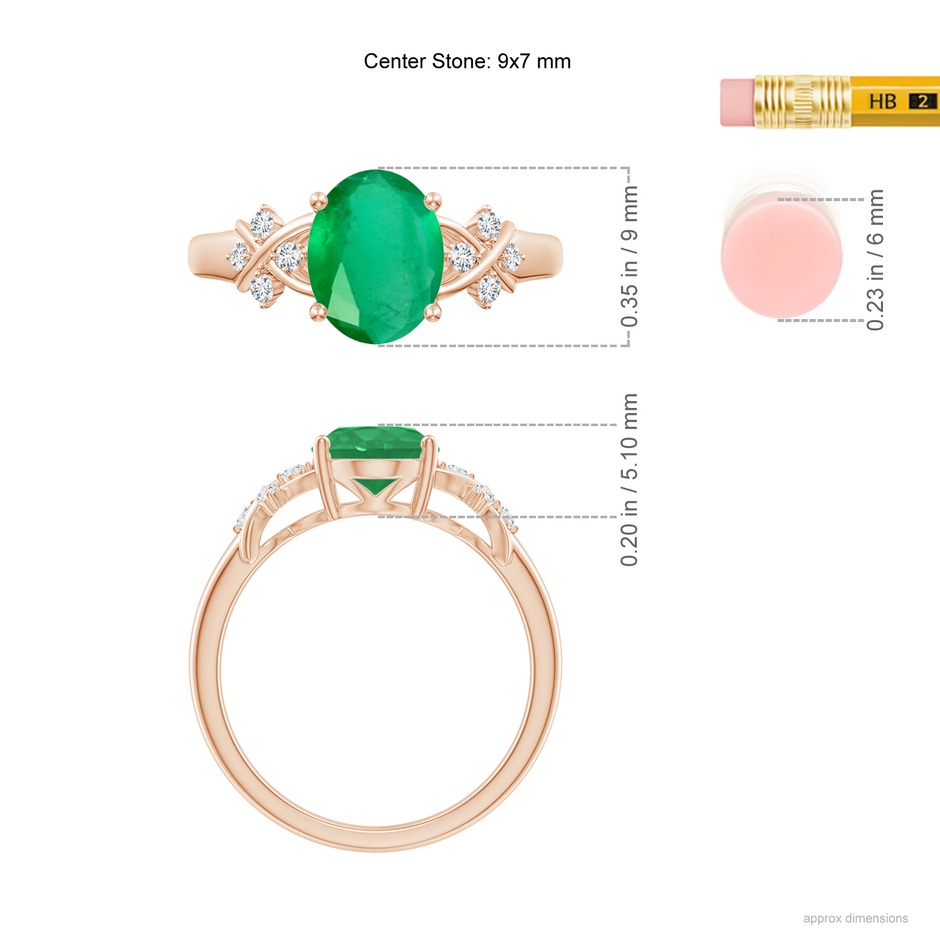 9x7mm A Solitaire Oval Emerald Criss Cross Ring with Diamonds in Rose Gold ruler