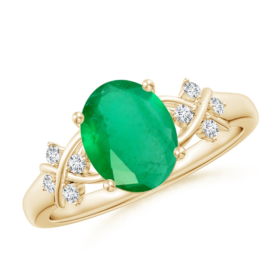9x7mm A Solitaire Oval Emerald Criss Cross Ring with Diamonds in Yellow Gold 