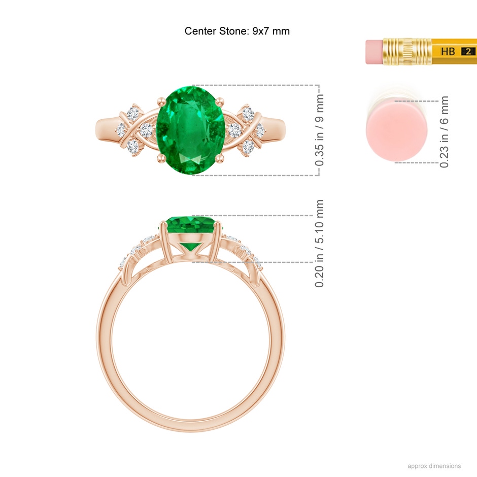 9x7mm AAA Solitaire Oval Emerald Criss Cross Ring with Diamonds in Rose Gold ruler