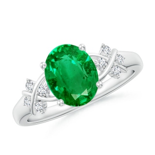 9x7mm AAA Solitaire Oval Emerald Criss Cross Ring with Diamonds in White Gold
