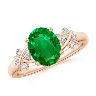 9x7mm AAAA Solitaire Oval Emerald Criss Cross Ring with Diamonds in 9K Rose Gold