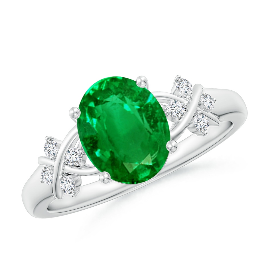 9x7mm AAAA Solitaire Oval Emerald Criss Cross Ring with Diamonds in P950 Platinum 