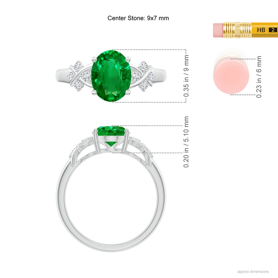 9x7mm AAAA Solitaire Oval Emerald Criss Cross Ring with Diamonds in P950 Platinum ruler