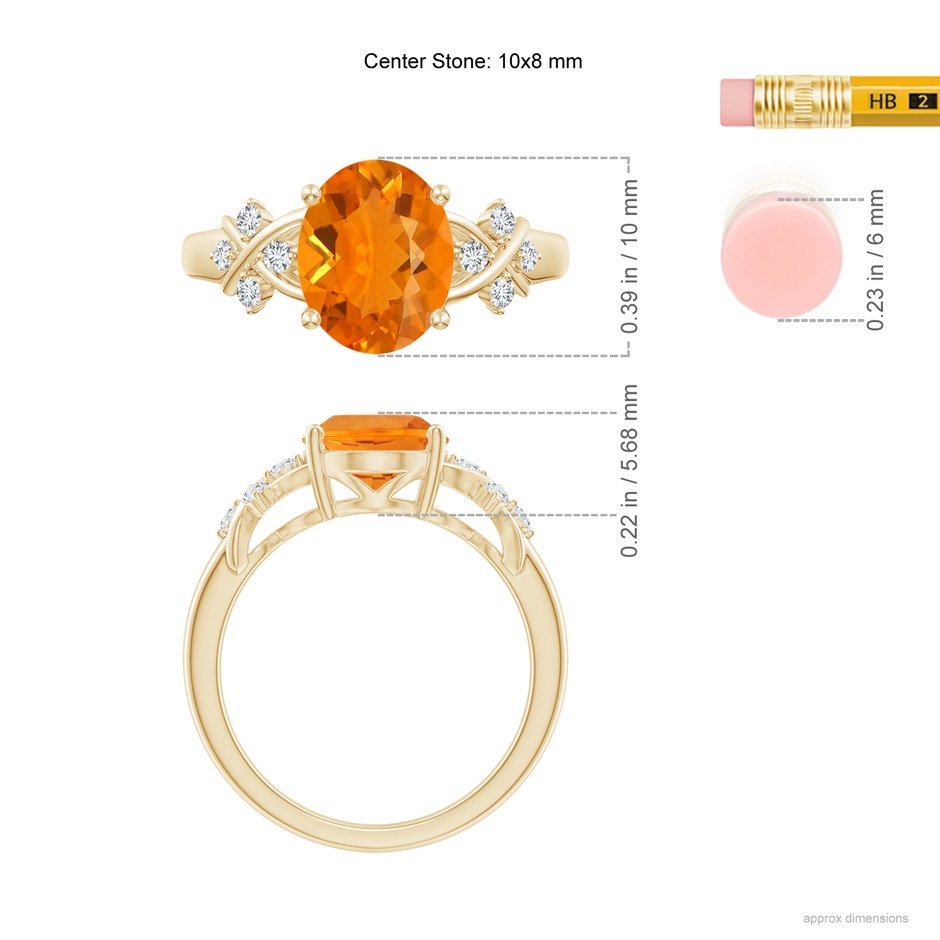 10x8mm AA Solitaire Oval Fire Opal Criss Cross Ring with Diamonds in Yellow Gold ruler