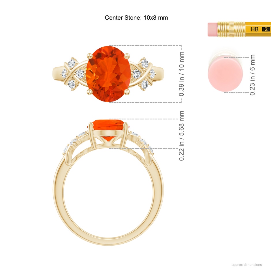 10x8mm AAA Solitaire Oval Fire Opal Criss Cross Ring with Diamonds in Yellow Gold ruler